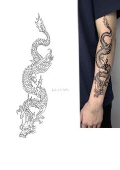 a person with a tattoo on their arm next to a photo of the same dragon