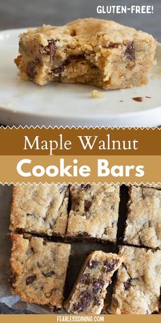 maple walnut cookie bars stacked on top of each other with text overlay that reads maple walnut cookie bars