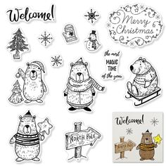 some christmas stickers are shown with the words welcome, merry and bear on them