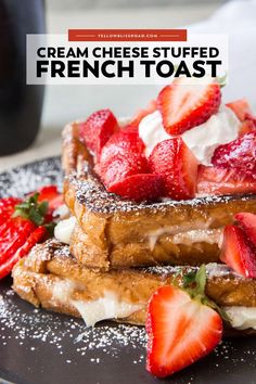 french toast with strawberries and whipped cream on top is featured in this postcard