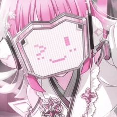 an anime character with pink hair wearing headphones