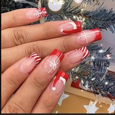 24pcs Glossy Medium Square Fake Nails, Red French Tip Press On Nails With Candy Cane Design Brand New Never Worn! Xmas Nail Art, French Tip Acrylic Nails