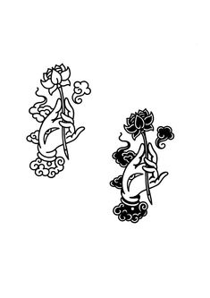 two black and white drawings of flowers on a white background, one with an image of a woman holding a flower in her hand