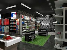 the inside of a sports store with many items on display