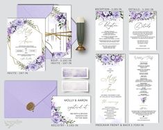 wedding stationery with purple flowers and gold foil on the front, lavender watercolors