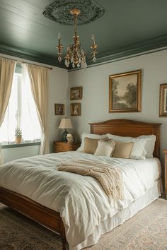 Unique bedroom featuring an emerald green ceiling with gold accents, creating a sense of height and grandeur. Green Accent Room Ideas Bedroom, Green Wall With Gold Frames, Yellow Rooms Ideas, Simple Couple Bedroom Ideas, Vintage Green Bedroom Ideas, Green And Gold Bedroom Aesthetic, Gold Vintage Bedroom, Gold Bedroom Walls, Green Ceiling Bedroom