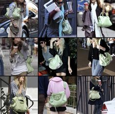 many different pictures of women carrying purses and cell phones