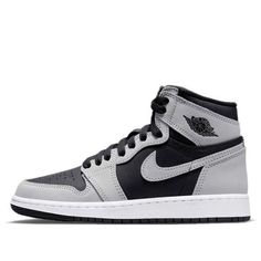 (GS) Air Jordan 1 Retro High OG 'Shadow 2.0' 575441-035 Big Kids Basketball Shoes  -  KICKS CREW Grey Branding, Black Tongue, Jordan Shop, Shadow 2, Black Backdrop, Shoes Diy, Grey Panels, Jordan 1 High Og, Shadow Play