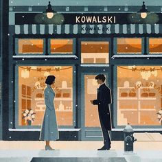 a man and woman are standing in front of a store on a snowy day, looking at each other