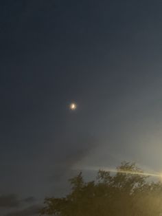 the moon is shining brightly in the dark sky above some trees and cars parked on the side of the road