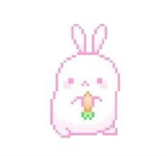 a cross stitch bunny holding a carrot in its mouth and wearing a pink shirt with an orange flower on it's chest