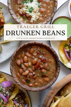 three bowls filled with different types of food and the words traeger grill drunk beans