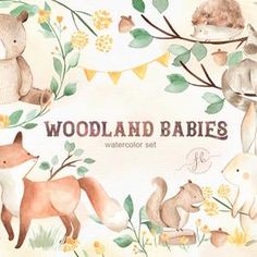 watercolor woodland animals and bunting banner with the words woodland babies written in large letters