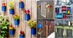 several different pictures of flower pots on the side of a wooden fence with flowers in them