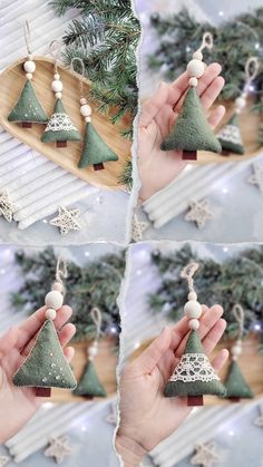 christmas tree ornaments are being held by someone's hand and placed on a wooden board