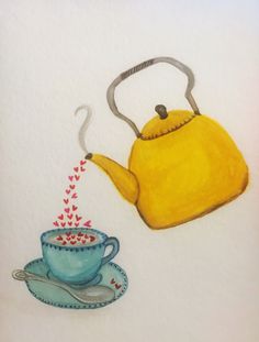 a drawing of a teapot and cup with hearts coming out of the top one