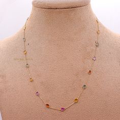 "Multi Tourmaline Necklace, 16 Inch Long Chain Necklace, Faceted Teardrop Necklace, Gold Chain Necklace,  Valentine Day Gifts  GEMSTONE DETAILS  ✦ Gemstone : Multi Sapphire ✦ Gemstone Type: Natural ✦ Gemstone Shape : Multi ✦ Gemstone Color : Multi    ✦ Gemstone Weight :4.85 CT  ✦ Number of Gemstone : 1 ✦ Gemstone Grade: Excellent  METAL DETAILS  ✦ Metal: 18K Gold ✦ Metal Color: Yellow Gold/White Gold/Rose Gold ✦ Necklace Size : 18\"  ✦ Gross Weight :  2.81 Gram  ✦ Setting: Bezel Setting ✦ Necklace Box: Yes CUSTOMISATION DETAILS  We can customize any piece of fine jewelry. You can simply message us on Etsy or drop a text at +91-7357229656 (WhatsApp/I Message) to let us know about all the customization you want. Customization can include : ✦ The Gemstone: This ring can be made in Emerald, Et Multicolor Gemstone Necklace For Anniversary, Multicolor 14k Gold Necklace Gift, Elegant Multicolor Necklace With Delicate Chain, Multicolor Round Birthstone Necklaces, Elegant Multi-stone 14k Gold Necklaces, Yellow Gold Plated Multi-stone Necklace, Gold Multi-stone Tourmaline Necklaces, Multicolor Multi-stone Tourmaline Necklaces, Vintage Multi-strand Gold-tone Chain Necklace