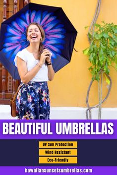 a woman holding an umbrella with the words beautiful umbrellas above her head and smiling