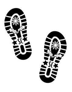 two black and white images of shoes with stars on the soles, one has snowflakes