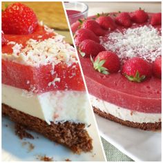 three different desserts with strawberries and coconut on top