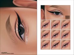 an image of a woman's eye with different angles and makeup colors on it