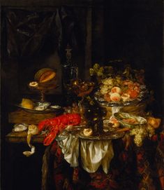 a painting of lobsters and other food on a table