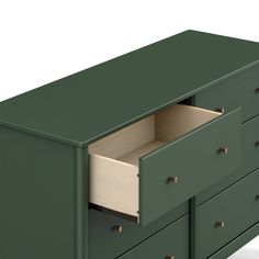 a green dresser with two drawers and one drawer open to show the inside of it