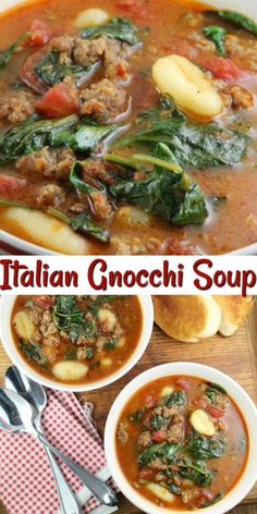 italian gnocchi soup with spinach and bread