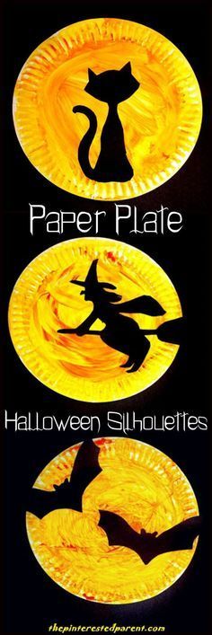 paper plate halloween silhouettes with black cats on them