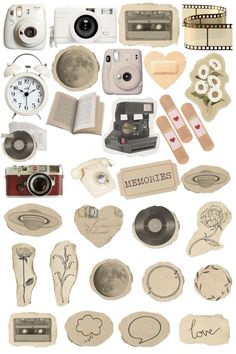 an assortment of old fashioned cameras and other items are shown in this collage with the words memories written on them