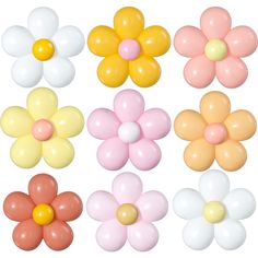 six different colored balloons with flowers on them