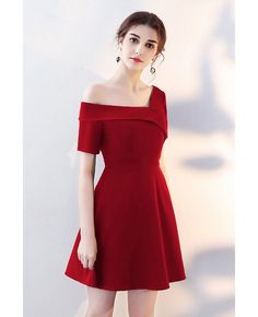 Shop Asymmetrical Off Shoulder Burgundy Homecoming Dress with Sleeves online. All instock with free shipping. Pro since 2009. Homecoming Dress With Sleeves, Red Homecoming Dress, Burgundy Homecoming Dress, Short Frocks, Burgundy Homecoming Dresses, Teen Dress, Red Homecoming Dresses, Frock For Women, Formal Dresses With Sleeves