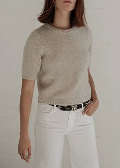 Dressed up style with a casual feel. The BRENDA Pullover Sweater is carefully crafted using a unique blend of supple cashmere and smooth silk for an unmatched feel against the skin. This piece features a flattering rounded neckline with short sleeves and subtle ribbed detailing for a contemporary elegance that you can wear anywhere. Fit: Regular fitted. True to size. Mode is 5'9" wearing size S. Materials + Care: 25% silk 75% cashmere, sourced from the birthplace of cashmere, Pamir Mountains. Ha Beige Short Sleeve Sweater With Relaxed Fit, Beige Relaxed Fit Short Sleeve Sweater, Everyday Short Sleeve Fall Sweater, Short Sleeve Fine Knit Cashmere Top, Short Sleeve Cashmere Fine Knit Tops, Short Sleeve Sweater For Fall, Chic Short Sleeve Fine Knit Sweater, Cashmere Fine Knit Short Sleeve Tops, Chic Short Sleeve Beige Sweater