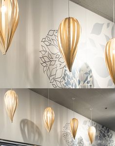 three pictures of different lights hanging from the ceiling