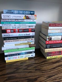 a stack of books sitting on top of a wooden table