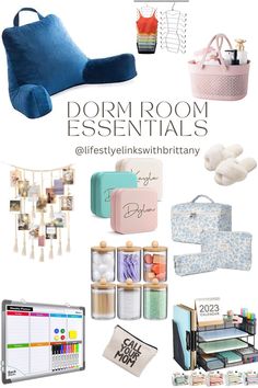 a collage of different items and the words dorm room essentials on it, including an