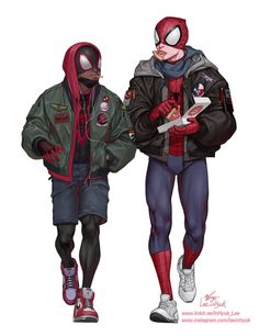 spider - man and deadpool are walking side by side, both wearing jackets with hoods