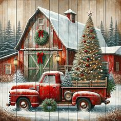 an old red truck with a christmas tree in the bed is parked next to a barn