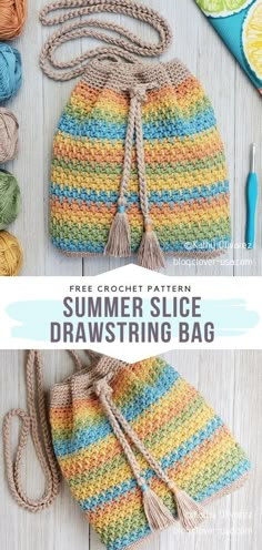 a crocheted bag with the text, free crochet pattern summer slice drawstring bag