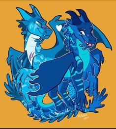 two blue and white dragon are standing next to each other on an orange background with hearts