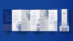 a blue brochure with an image of vases on the front and back