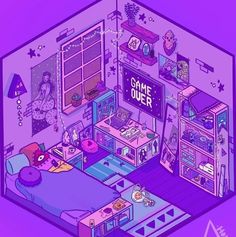 a purple room filled with furniture and a game over sign on the wall above it