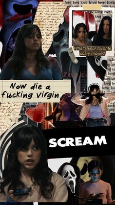 scream collage with many different pictures and words on it, including the movie characters