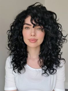 Cool Tone Curly Hair, Curly Hair Widows Peak Women, Dark Brown Hair Chestnut, Dyed Black Curly Hair, Curl Haircuts For Women, Jet Black Hair Curly, Curly Jet Black Hair, Black Curly Hair With Bangs, Haïr Cut Wavy Hair