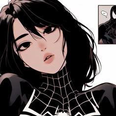 an image of a woman with black hair and spider - man mask on her face