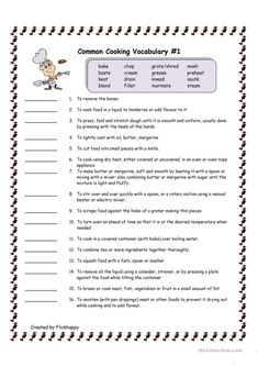 the common cooking vocaculaary worksheet is shown in black and white