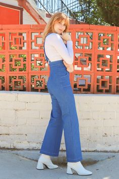 Jane Overall in Denim – Miracle Eye Retro Flare Jeans For Workwear, Chic Fitted Shortalls For Spring, High Waist Fitted Overalls With Suspenders, Fitted Wide Leg Overalls For Workwear, Fitted High Waist Overalls With Suspenders, Chic Fitted Cotton Shortalls, Fitted Overalls With Suspenders For Work, Chic Fitted Straight Leg Overalls, Fitted Denim Bottoms With Suspenders