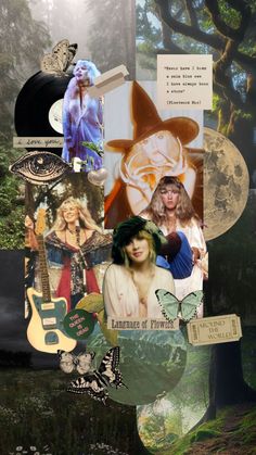 an altered collage with many different pictures and words on the image, including images of women