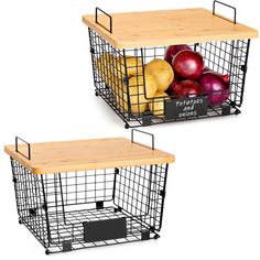 two metal baskets filled with fruit sitting on top of a wooden cutting board next to each other