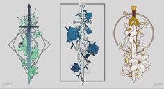 three different types of swords with flowers and leaves on them, each one has a cross in the middle